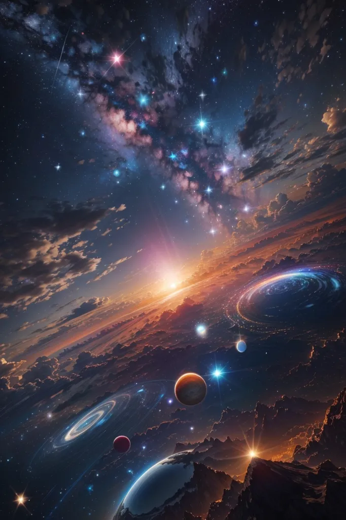 The image is set in a vast and colorful universe. There are many stars, planets, and galaxies in the image. The colors are vibrant and saturated. The image is very detailed and realistic. The artist has used a variety of techniques to create a sense of depth and realism. The image is very beautiful and awe-inspiring. It is a reminder of the vastness and beauty of the universe.