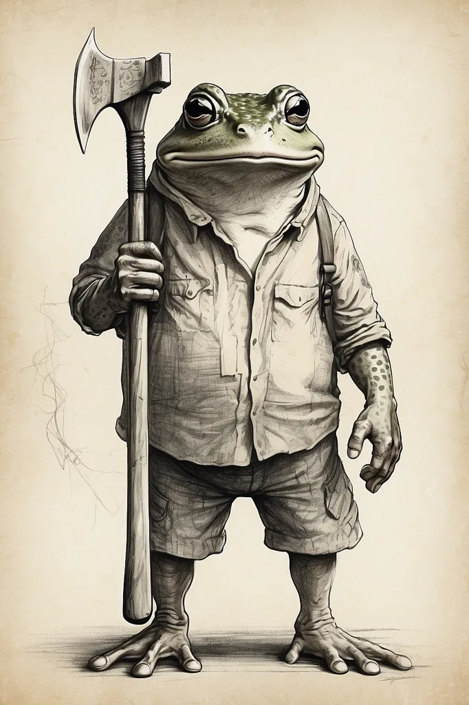 In a whimsical digital drawing, an anthropomorphic frog stands tall, exuding confidence and strength. The frog, dressed in a plaid shirt and cargo shorts, is depicted with realistic details, from the bumpy texture of its skin to the webbed toes on its feet. Its piercing yellow eyes stare directly at the viewer, conveying a sense of authority. The frog's muscular arms hold a large axe, its鋒利的刀片鋒利地閃耀著。這幅畫的背景是淺黃色的，突出了青蛙的形象。這幅畫的風格是寫實的，但帶有一絲幽默感，使青蛙成為一個有趣和令人難忘的角色。