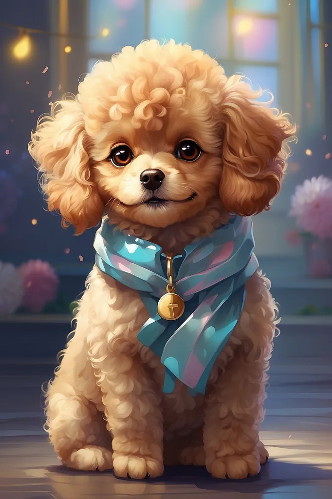 The image shows a cute puppy with light brown fur and big brown eyes. It is wearing a blue scarf with a gold pendant. The puppy is sitting on a wooden floor in front of a blurry background of pink and white flowers. The puppy has a happy expression on its face and looks like it is about to wag its tail.