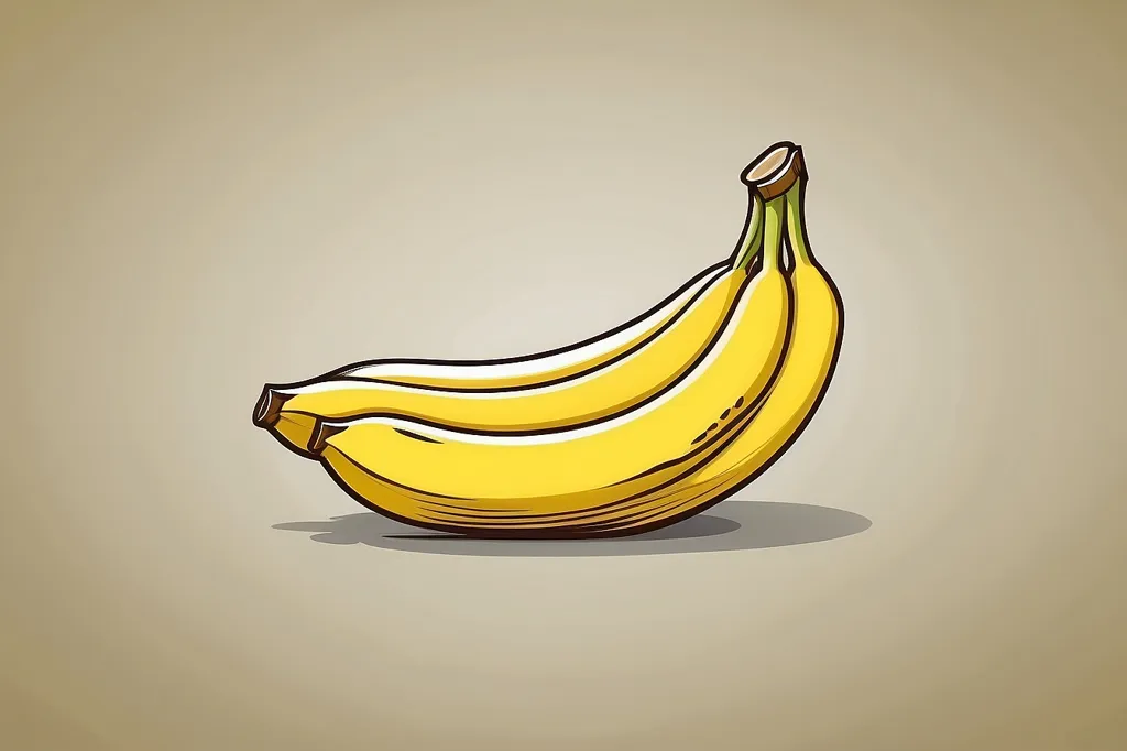 This is a drawing of three bananas. The bananas are yellow and have brown stems. They are arranged in a cluster. The bananas are cartoonish and have a simple, flat design. The background is a light brown color.