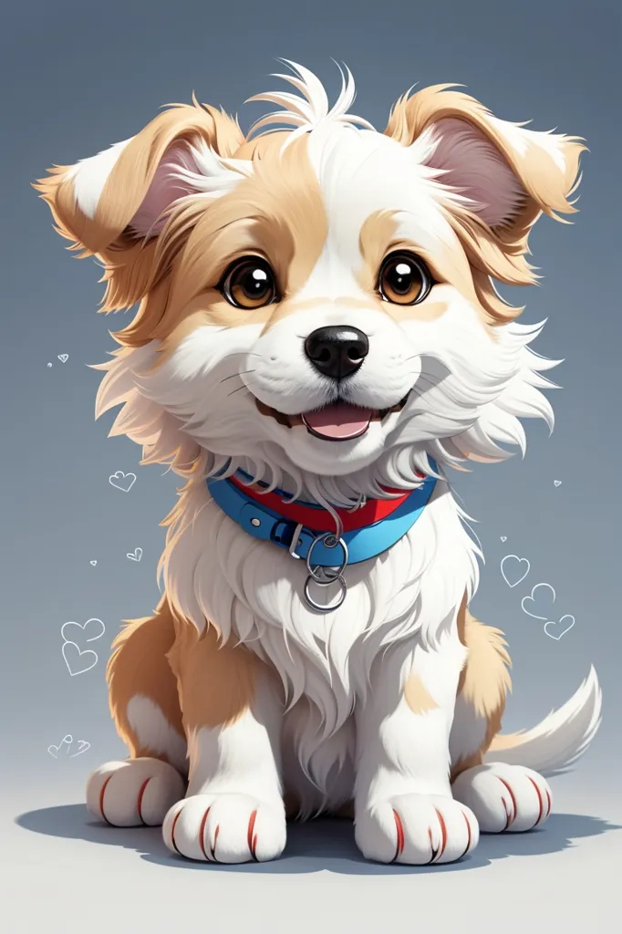 The image shows a cute puppy with big eyes and a happy expression on its face. It has light brown and white fur, a blue collar with a red tag, and is sitting on a white surface with hearts floating around it. The puppy is looking up at the viewer with its head tilted to one side. The background is a gradient of light blue to white.