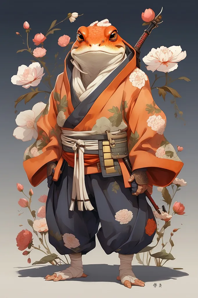 The image is a painting of a anthropomorphic frog dressed as a samurai. The frog is standing in a field of flowers. The frog is wearing a kimono and hakama, and is carrying a sword. The frog has a determined expression on its face. The painting is done in a realistic style, and the colors are vibrant and lifelike.