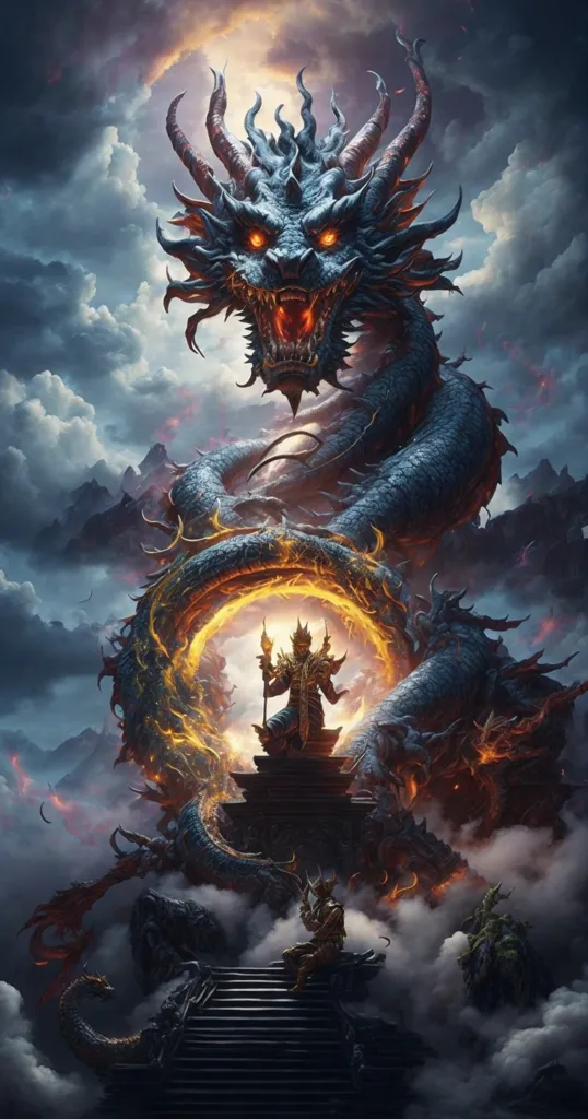 In the midst of a stormy sky, a colossal dragon emerges from the clouds. Its鱗片 are a deep blue, and its eyes glow with an intense fire. The dragon is coiled around a golden pedestal, upon which sits a regal figure. The figure is dressed in white robes and has a long white beard. He is holding a staff in his right hand. The dragon seems to be content, and the figure atop it appears to be in control.