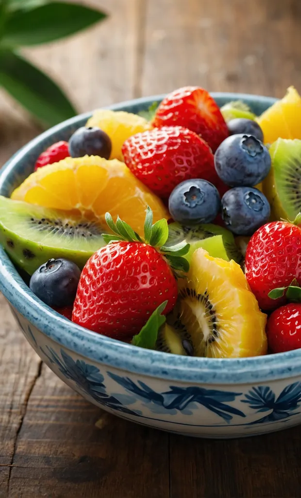 A bowl of fresh fruit including strawberries, blueberries, oranges, and kiwi. The fruit is arranged in a colorful and appealing way. The bowl is sitting on a wooden table. The background is blurred, and a leaf is visible in the top left corner of the image.