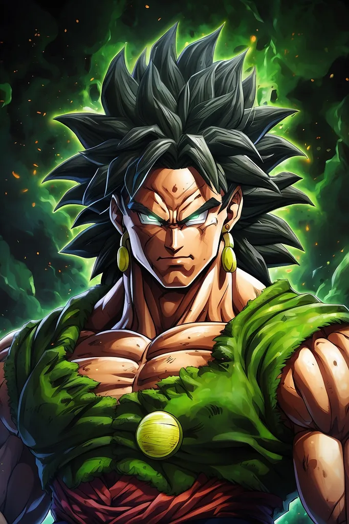 The image shows a muscular man with green hair and green eyes. He is wearing a green vest and has a yellow earring in his left ear. He has a determined look on his face and is surrounded by a green aura. The background is dark and there are green flames on either side of him. The man is likely a character from the Dragon Ball series, and is likely in the midst of a fight.