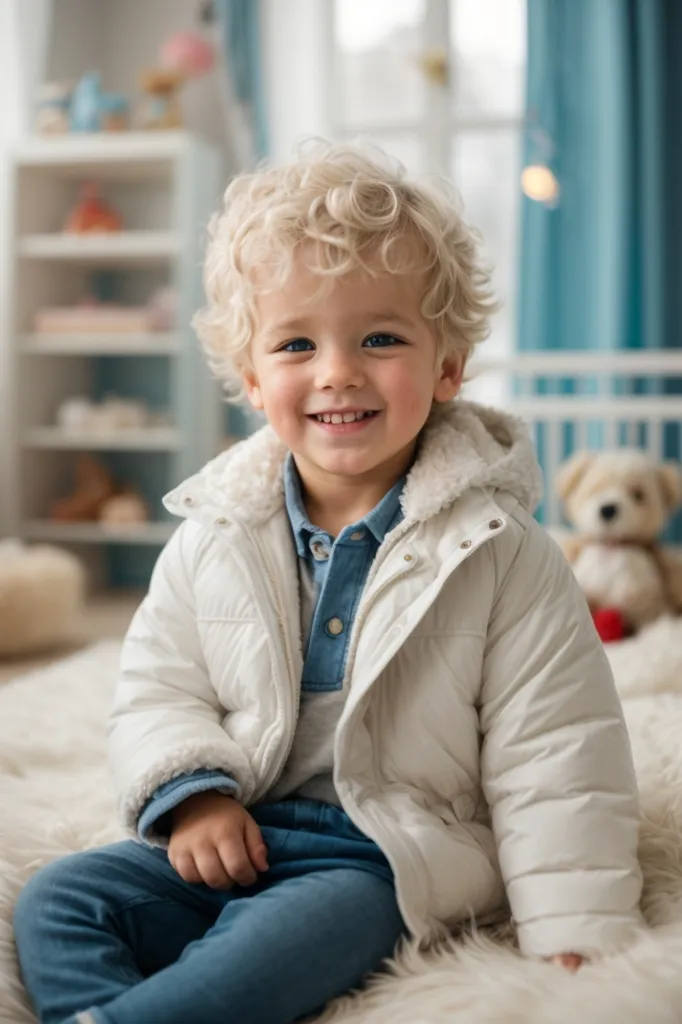 This cute little boy has curly blond hair and blue eyes. He is wearing a white winter coat and blue jeans. He is sitting on a bedspread on the floor and looks happy. There are toys and a crib in the background.