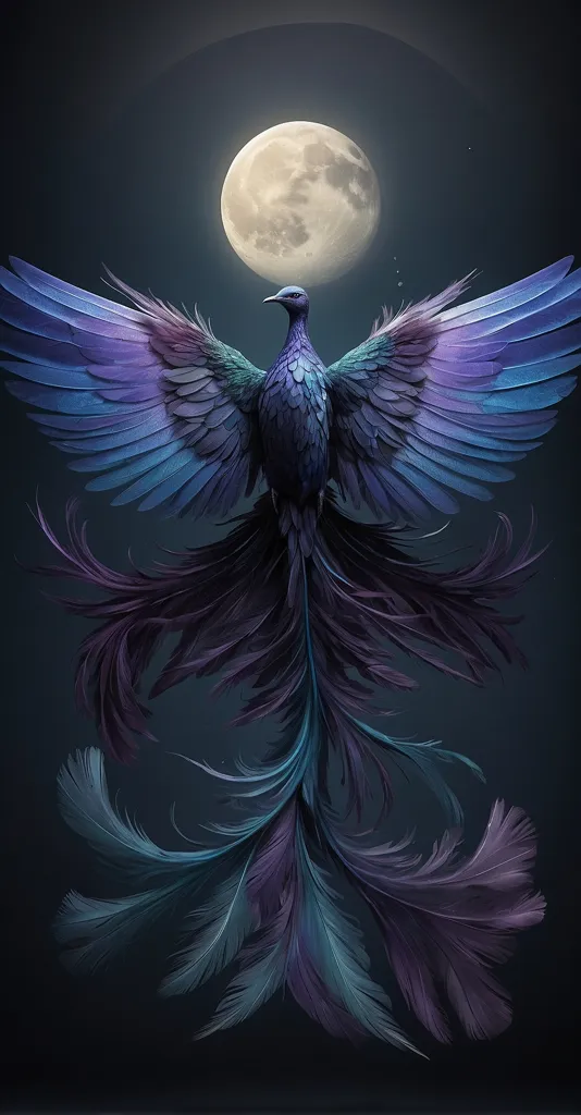 The image is a dark blue background with a full moon in the top center. In the center of the image is a large, majestic phoenix with its wings spread wide. The phoenix is mainly blue and purple, with some green and black feathers. The tips of the feathers are a lighter shade of blue and purple. The phoenix's eyes are yellow and its beak is gold. The phoenix is surrounded by a few small stars.