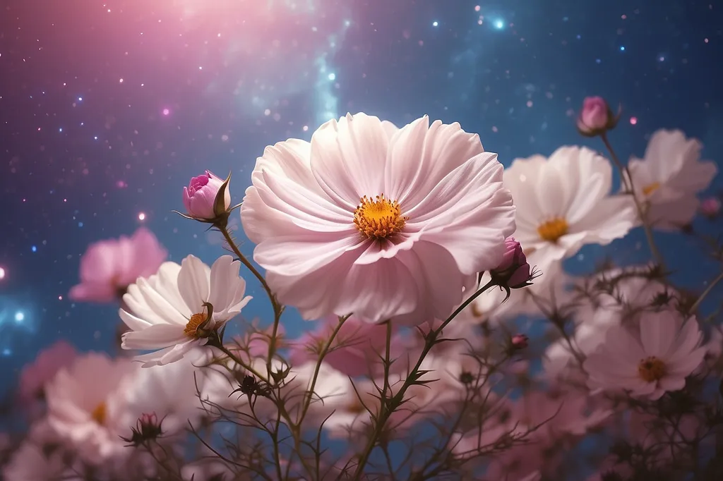 The image shows a field of cosmos flowers in full bloom. The delicate petals of the flowers are a soft pink color, and the centers of the flowers are a deep yellow. The flowers are arranged in a haphazard fashion, and their stems are a light green color. The background of the image is a dark blue sky, which is filled with stars. The stars are a bright white color, and they appear to be twinkling. The overall effect of the image is one of beauty and tranquility.