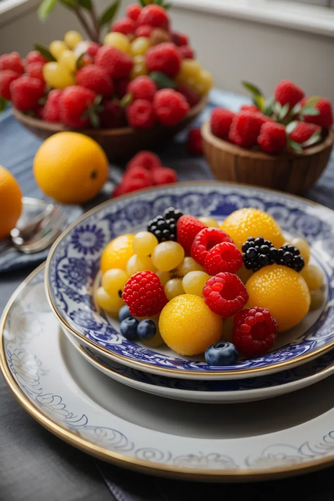 There is a bowl of fruit on a table. The bowl is filled with raspberries, blueberries, yellow melon balls, and grapes. There is also a lemon and a half on the table. The fruit is arranged in a colorful and appealing way. The background is a blurred image of a window. The overall effect is one of beauty and abundance.