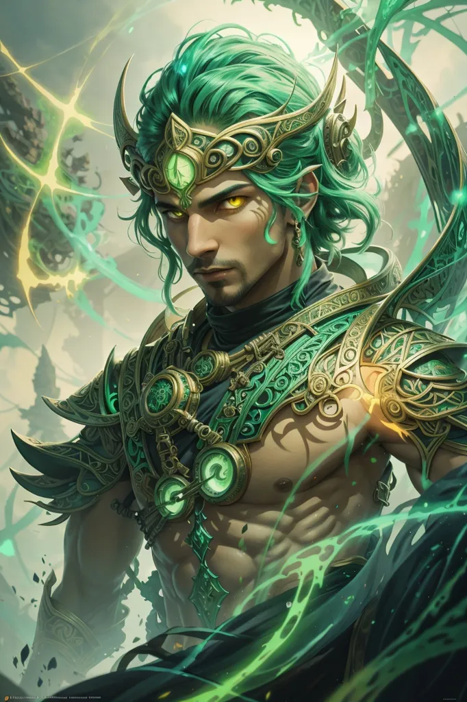 The image shows a male character with green hair and eyes. He is wearing a green and gold outfit and has a clock-like device on his chest. He is surrounded by green energy and has a determined expression on his face.