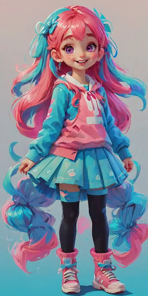 An anime-style illustration of a girl with pink and blue hair. She is wearing a pink and blue outfit and has a happy expression on her face. The background is a light blue color.