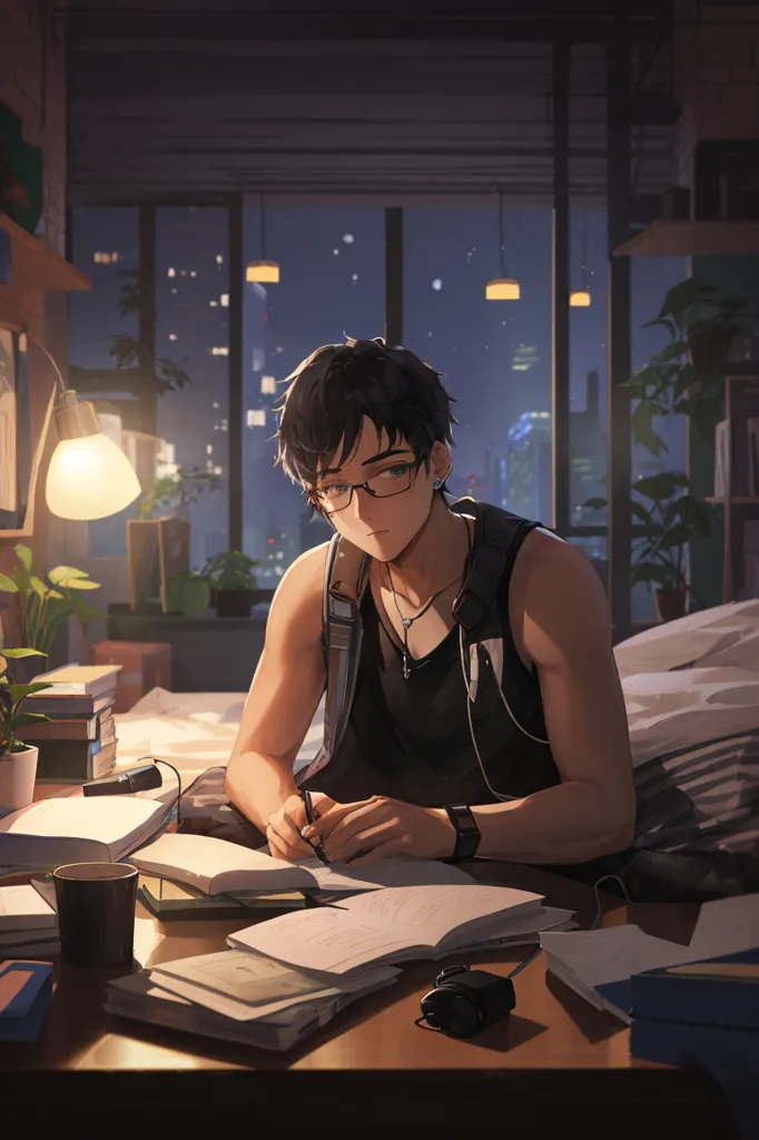 A young man is sitting at his desk, studying. He has a stack of books and papers in front of him, and he is writing something in a notebook. He is wearing a black tank top and glasses, and he has a determined look on his face. The room is dimly lit, and there is a lamp on the desk.