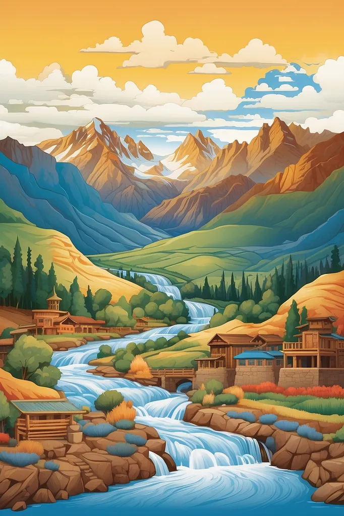 The image is of a mountain valley with a river running through it. The mountains are in the background and are covered in snow. The valley is green and lush with trees and flowers. There are several houses built on the banks of the river. The sky is blue and there are some clouds in the sky.