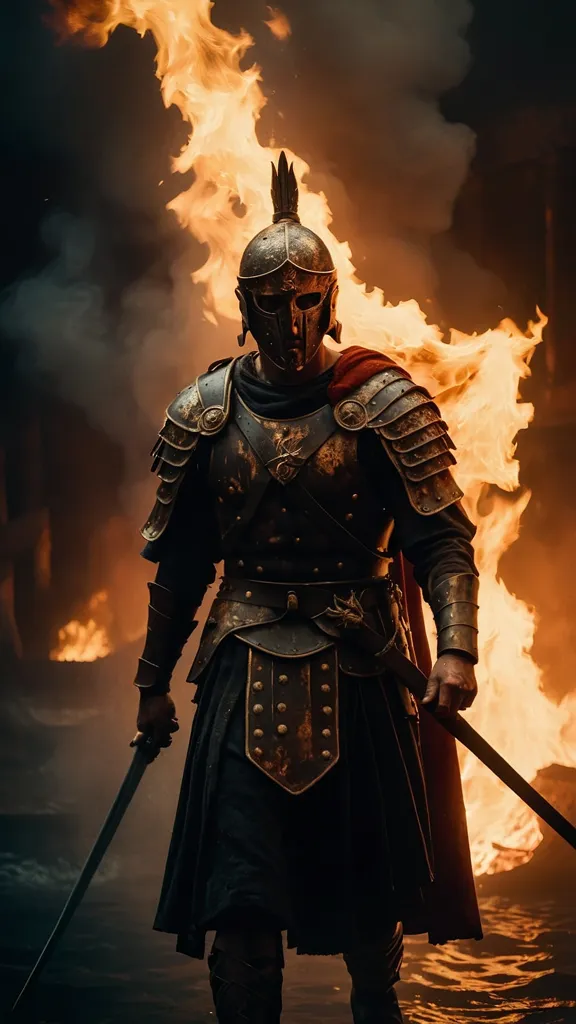 A warrior stands in front of a fiery background. He is wearing a helmet and armor and is carrying two swords. The warrior's face is determined and focused. He looks like he is ready for battle.