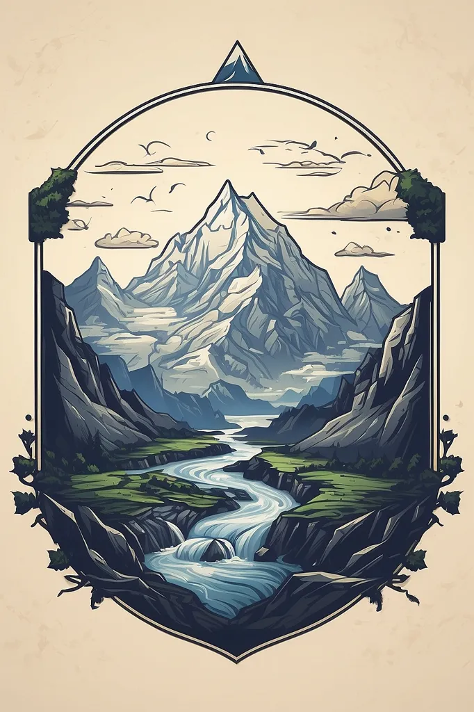 The image is a digital illustration of a mountain landscape. The mountains are in the distance, with a river running through the foreground. There are trees and greenery on the banks of the river, and the sky is blue and cloudy. The image is framed by a decorative border.