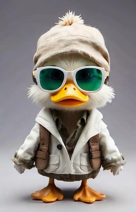 This is an image of a duck wearing a hat, sunglasses, and a jacket. The duck is standing on two feet and has a smug expression on its face. It is looking at the viewer with its head tilted slightly to the side. The duck is wearing a brown hat with a white pom-pom on top, green sunglasses, and a white jacket with a brown collar. The jacket has two pockets on the front and a brown strap around the waist. The duck is also wearing a brown backpack.