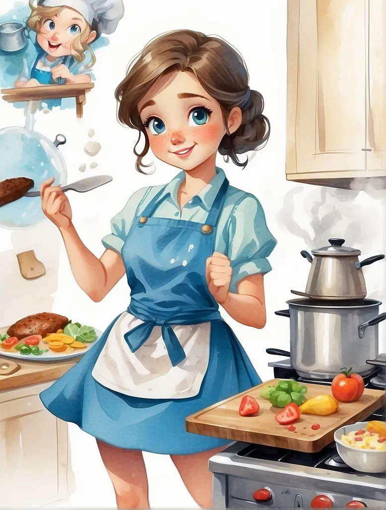 The picture shows a young woman cooking in the kitchen. She is wearing a blue apron and a white blouse. She has brown hair and blue eyes. She is smiling and looks happy. She is holding a wooden spoon in her right hand. There is a cutting board with some vegetables on it. There is also a pot on the stove. There is a plate of food on the counter. There is a girl with blond hair in the background. She is wearing a chef's hat and is holding a rolling pin.