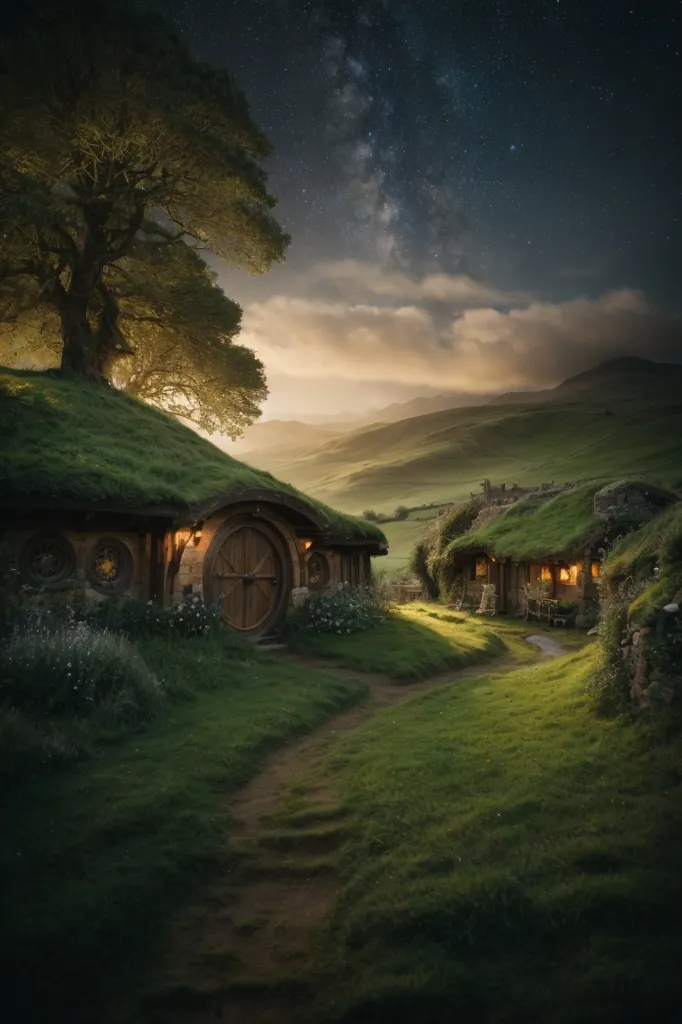 The image is a beautiful landscape of a hobbit hole. The hobbit hole is a small, round house with a green roof. It is located in a lush, green field with a large tree next to it. There is a path leading up to the hobbit hole and there is a light coming from the inside of the hobbit hole. The sky is dark and there are stars in the sky. The image is very peaceful and serene.