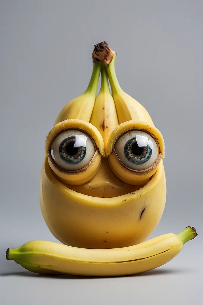 This image shows a banana that has been peeled and has two large eyes and a smile. It is sitting on a gray surface. There is another banana beside it for comparison of a normal banana. The banana with the eyes is looking at the camera.