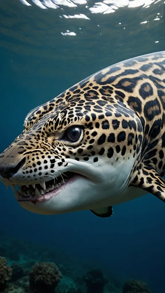 This image shows a shark with the skin of a jaguar. The shark is swimming in the ocean, and its powerful jaws are open, exposing it's sharp teeth. The shark's body is covered in spots, and its eyes are a deep blue. The shark is a fearsome predator, and it is well-camouflaged in the ocean.