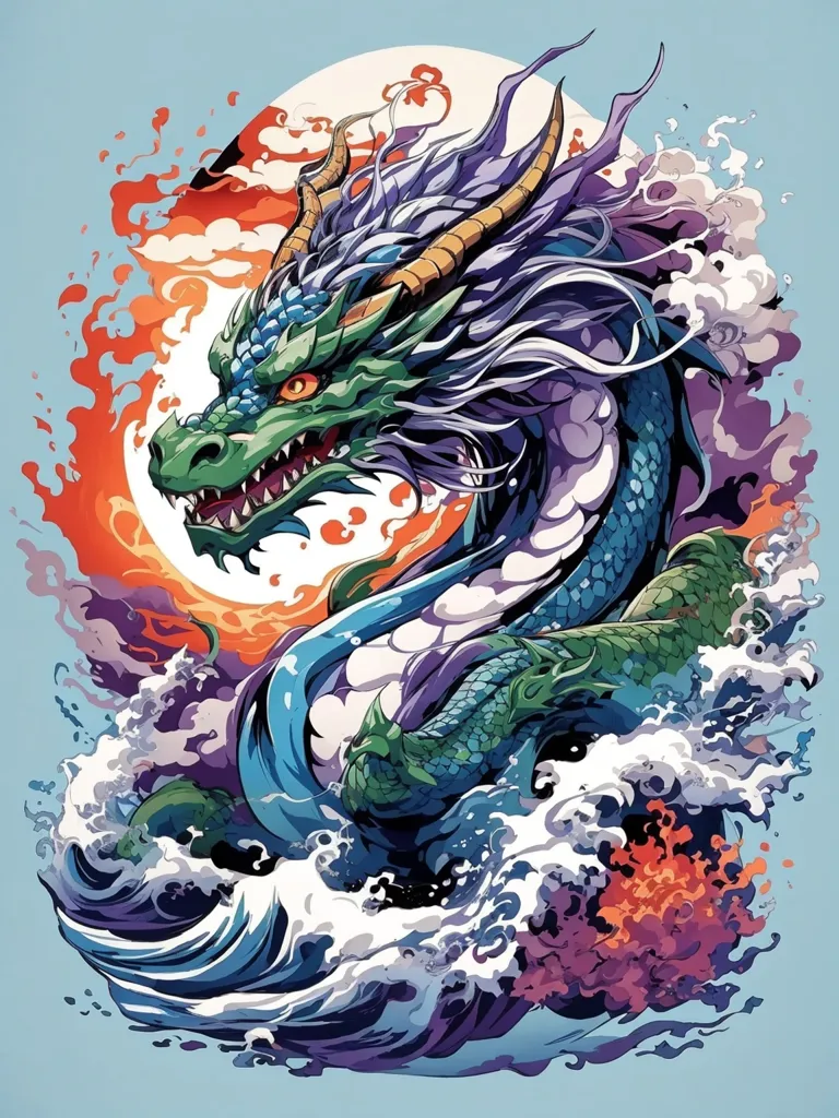 A majestic green dragon emerges from the stormy sea. Its鱗片闪耀着光芒, its鋭い爪 and fangs are gleaming. The dragon's eyes are narrowed in concentration as it stares down its opponent. The background is a swirling mass of clouds and waves, with a bright red moon peeking through the clouds.