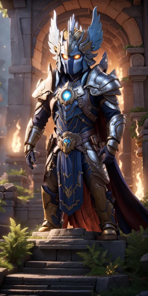 The image shows a warrior standing on a stone pedestal. He is wearing a suit of golden armor and a blue cape. He has a sword in his right hand and a shield in his left hand. His helmet is decorated with a pair of wings. There are flames on both sides of the warrior.