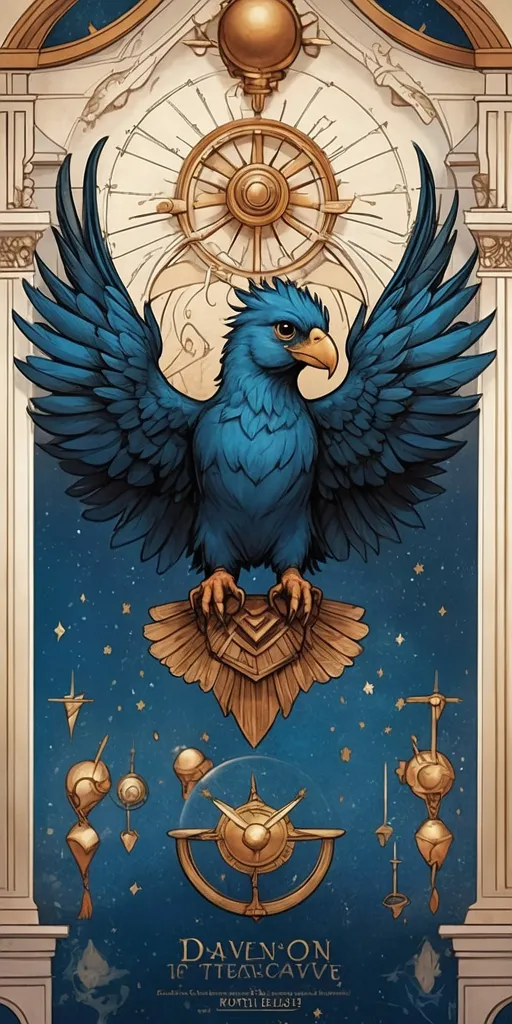 The image is a blue phoenix with outstretched wings. The body is covered with feathers. The head is turned to the right. The beak is open. The eyes are round and black. The wings are spread out and cover the background. The background is a night sky with stars and clouds.