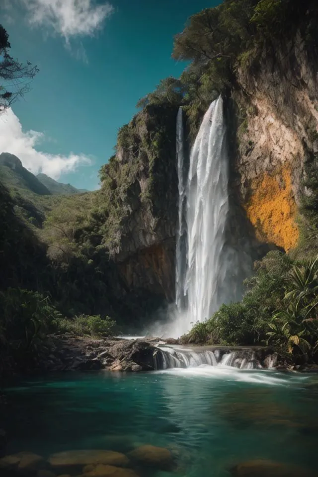 The waterfall is very tall and wide. The water is white and foamy. It falls from a high cliff into a pool of blue water. The waterfall is surrounded by a lush green jungle. The sky is blue and there are some white clouds. The waterfall is in a remote area and it is very peaceful. The sound of the waterfall is loud and it can be heard from a long distance away. The waterfall is a beautiful sight and it is a popular tourist destination.