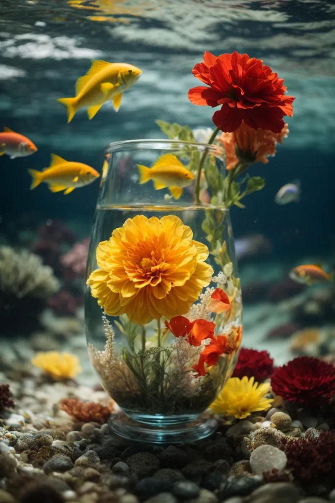 The image is a beautiful and surreal underwater scene. A glass vase sits on the ocean floor, filled with water and a variety of flowers. The flowers are in full bloom, and their colors are vibrant and lifelike. A school of goldfish swims around the vase, and their scales shimmer in the sunlight. The background of the image is a deep blue, and the water is crystal clear. The overall effect is one of peace and tranquility.