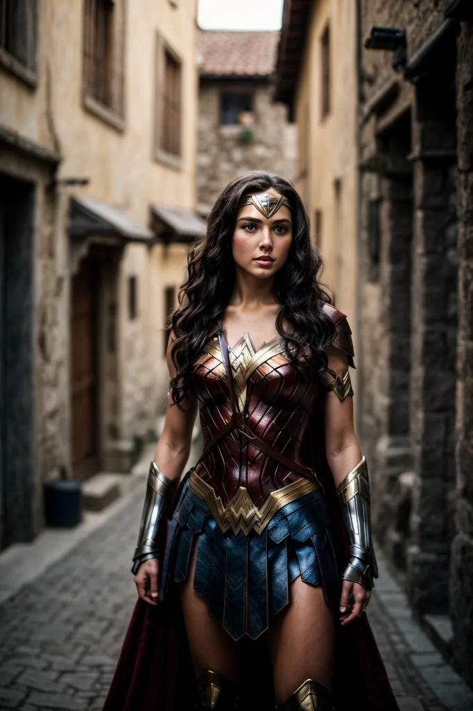 This is an image of Wonder Woman, a superhero from DC Comics. She is standing in a narrow street, wearing her iconic outfit. She has long, dark hair, blue eyes, and a tiara on her head. She is also wearing a red and gold breastplate, a blue skirt, and silver bracelets. She is standing with her feet shoulder-width apart, and her arms are at her sides. She has a confident expression on her face, and she looks ready for battle.