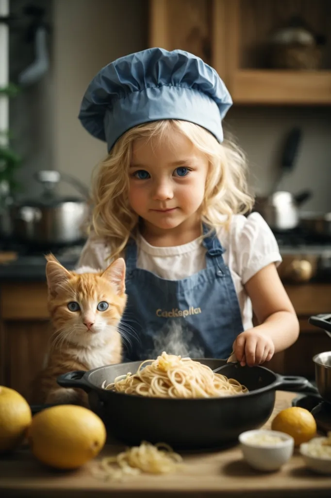 A little girl is cooking in the kitchen. She is wearing a blue chef's hat and an apron. She is stirring a pot of spaghetti with a wooden spoon. A cat is sitting on the counter next to her, watching her cook. The girl smiles at the cat. There are lemons on the table.