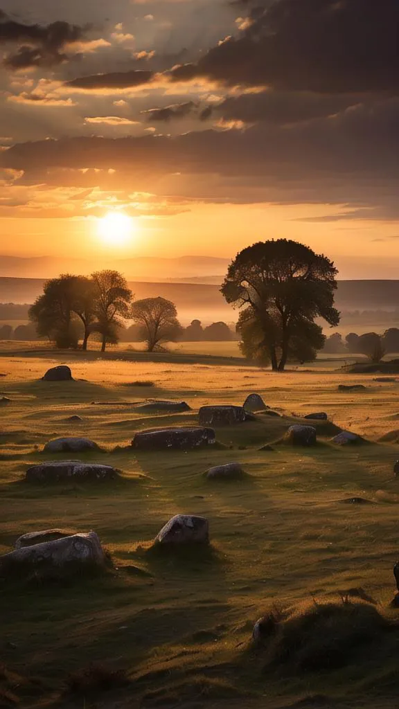 The setting sun casts long shadows over a field of grass and rocks. A large tree stands in the foreground, its branches silhouetted against the sky. There is a large rock in front of the tree. The sun is setting behind a hill in the distance. The sky is a gradient of orange, yellow, pink, and blue.