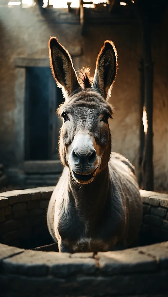 The donkey is standing in a dark room. The only light comes from a small window on the left side of the image. The donkey is looking at the camera with a curious expression. Its ears are perked up and its tail is swishing. The donkey is standing in a pool of water. The water is reflecting the light from the window. The donkey's legs are wet and muddy. The donkey is a gray color. Its fur is short and well-groomed. The donkey is a healthy weight. The donkey is standing in a relaxed position. Its head is held high and its eyes are open wide. The donkey is alert and aware of its surroundings.