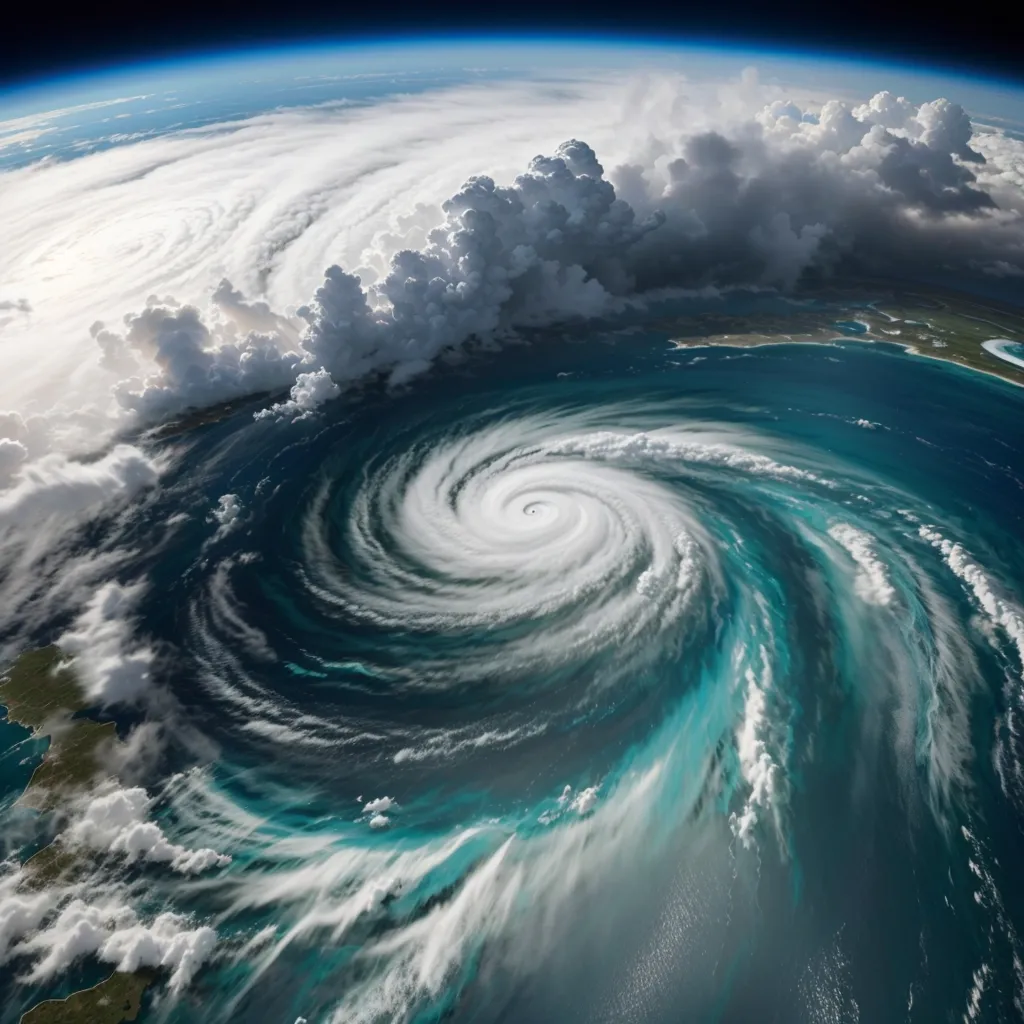 The image shows a hurricane from space. The hurricane is surrounded by clouds and has a distinct eye in the center. The eye is surrounded by a ring of clouds that are rotating counterclockwise. The hurricane is moving over the ocean and is causing the water to churn and foam.