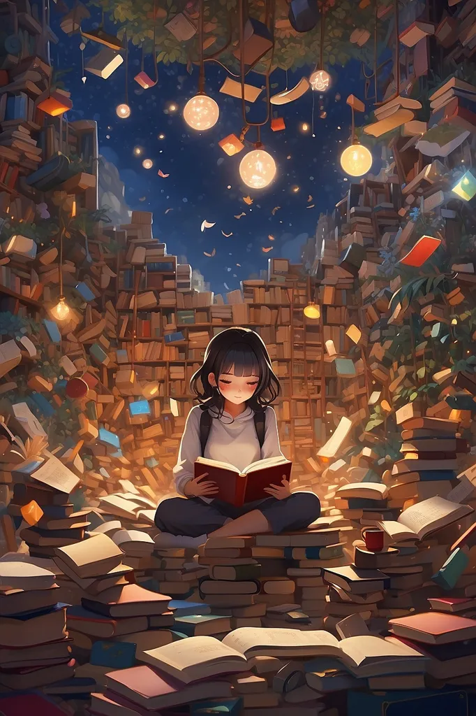 A young girl is sitting on a pile of books, reading a book. She is surrounded by bookshelves and there are bookshelves all the way up to the ceiling. The girl is wearing a white shirt and black pants. She has long black hair and brown eyes. She is sitting with her legs crossed and her hands holding the book. The girl is in a state of bliss, completely lost in the world of the book she is reading.