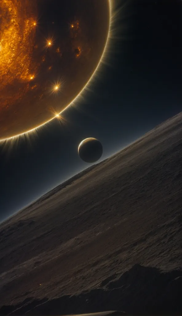 The image shows a barren moon or planetary landscape with a large sun or star in the background. The foreground is dark and in shadow, while the sun is bright and耀眼. The moon or planet has a rough and rocky surface, with large craters and mountains. The sun is large and dominates the sky, with its light casting long shadows across the moon or planet.